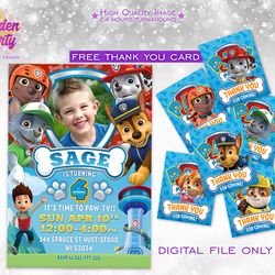 paw patrol invitation, paw patrol invite, paw patrol card with photo, paw patrol birthday