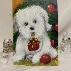 christmas puppy painting. custom dog portrait.