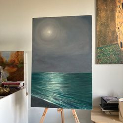 original ocean oil painting, painting on canvas, large seascape, landscape oil painting, full moon night ocean painting,