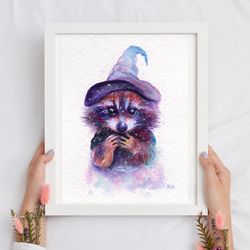 raccoon watercolor print, whimsical watercolor poster, raccoon art, cottagecore decor, witchy art, a4 print