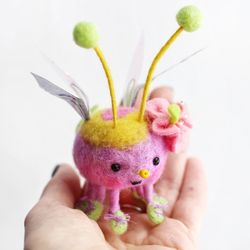 cute pink wool toy for collectible, felted fantasy animal handmade art , fanny pixie have shiny wings and wool flower
