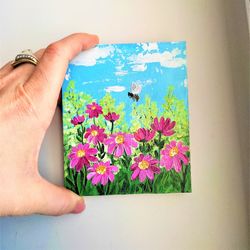 field of daisies small painting, landscape art, bee painting, insect mini painting, floral wall decor