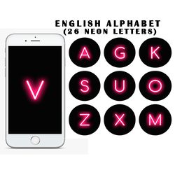 26  english alphabet instagram highlight covers.  pink neon letters social media icons. instagram highlight story