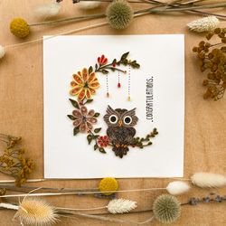 handmade greeting card owl in quilling technique. congratulations