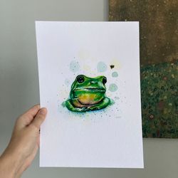 frog watercolor print, a4 print of frog painting, woodland print, nursery room decor, reptile print walll art