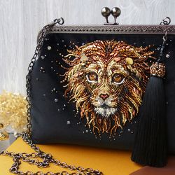 lions head personalized beaded evening clutch bag