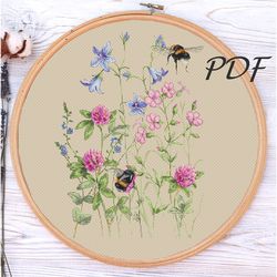 cross stitch pattern pdf bumblebees in wild flowers (with bells) cross stitch pattern pdf design for embroidery