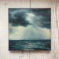 original ocean oil painting, small painting on canvas, seascape art, landscape oil painting, rainy ocean painting