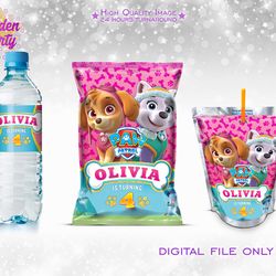 paw patrol pink party bundle, paw patrol bottle label, paw patrol capri sun, paw patrol chips bag, paw patrol birthday