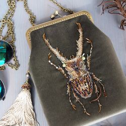 golden stage beetle beads embroidery velvet crossbody mini bag