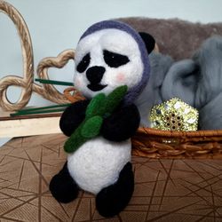 felted panda toy miniature chinese bear handmade woolen sculpture 11cm tall