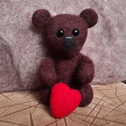 felted classic miniature teddy bear collectible toy brown bear holding a heart 9cm tall