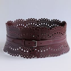 genuine leather belt for woman 33.5"(85cm). width 5". wide leather belt in burgundy. handmade.