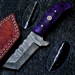 handmade damascus full tang skinning hunting knife blade with leather sheath