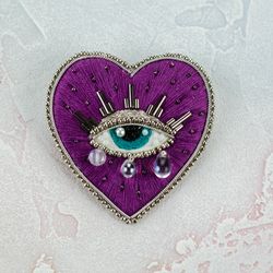 evil eye pin | witch heart brooch |sacred heart pin| embroidery beaded heart pin| magic heart brooch |witchcraft gift fo