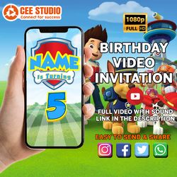 paw birthday video invitation, paw digital video invitation, paw personalized video invitation, patrol evites