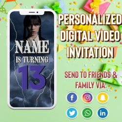 wednesday addams birthday party video invitation, wednesday animated invite video, digital custom invite, birthday