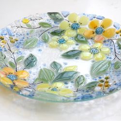 fused glass flowers plates - fused glass art - dessert plates with flowers