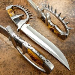 custom hand made d2 steel beautiful trench knife, bowie knife with knuckle ring