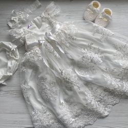 ivory dress with lace and pearls, headband, panties and shoes for baby girl. baptism outfit. christening gown.