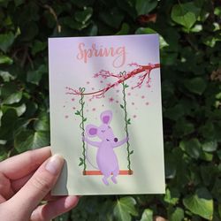 spring card with a mouse on a swing 10,6*15 cm
