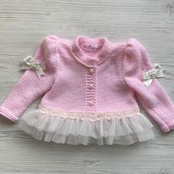 hand knit pink sweater with lace, tulle, ribbon and pearls for baby girl.