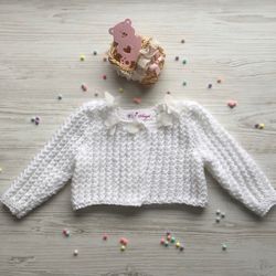 hand knit white jacket with 3d flowers and pearls for baby girl.