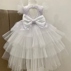 white lace dress with train, headband and shoes for baby girl.