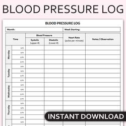 printable blood pressure log, daily blood pressure tracker, health monitoring log, medical tracker, editable template