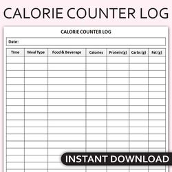 printable calorie counter log, daily food intake tracker, nutrition journal, healthy eating planner, editable template