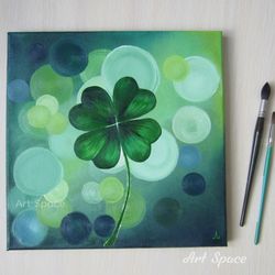 original painting on stretched canvas lucky four-leaf clover plant, square green, gift for teenager, room decoration,art
