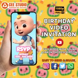 cocomelon video invite, cocomelon video, cocomelon mp4, animated invite, video evite, logo and personalized data