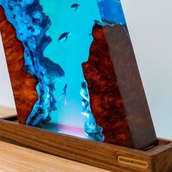 lamp night, epoxy lamp, night light, resin wood lamp, blue ocean miniature, home decor  gift, kids gift, mother day gift