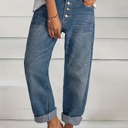 single-breasted closure & straight legs women's loose fit denim jeans