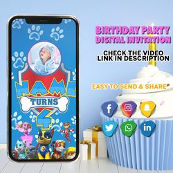 paw patrol birthday invitation, paw patrol video invitation, with free thank you tag, animated invitation, digital party