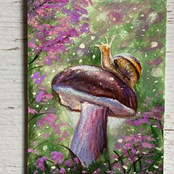 snail whimsical print, snail poster, fairycore art, cottagecore decor, mushrooms art, a4 print