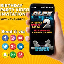 2 fast 2 curious birthday invitation, second birthday invitation, car racing invitation, video animated invitation