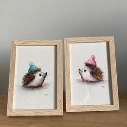 original watercolor hedgehog painting, small artwork, cartoon hedgehog art, baby hedgehog painting, framed hedgehog art