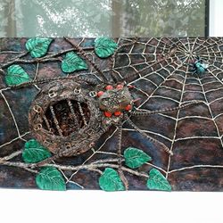 steampunk spider, 3d wall decor, insect arthropod, gift for him, spider web, mixed media, fly trap, loft artwork, gothic