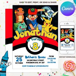 pokemon birthday invitation, boy invitation, pokemon invitation, pokemon birthday party, pokemon party