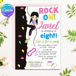 climbing wall birthday invitation, girl rock climbing invitation, girl rock climbing birthday invitation, rock climbing