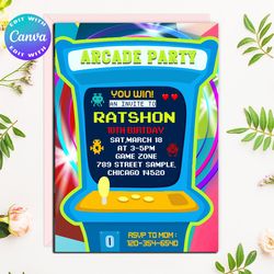 arcade invitation, arcade digital invitation, arcade birthday invitation, arcade birhtday party invitation