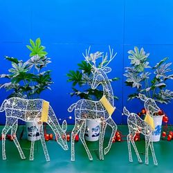 3pcs, iron art explosion model christmas deer elk three mouth house outdoor metal luminous ornament set indoor outdoor