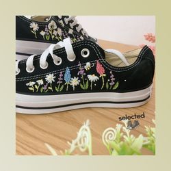 converse flower embroidery, flower converse embroidered, custom embroidery converse high tops, garden flower embroidered