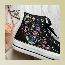 custom converse chuck taylor embroidered, garden flowers embroidered converse, flowers embroidered sneakers, converse cu