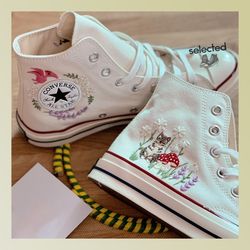 custom converse pet, flower converse, embroidered cat converse, embroidered converse high tops butterfly cat and sweet s