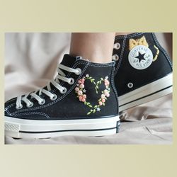 custom embroidery shoes, flower converse handmade, women's shoes, wedding gift, converse hi chuck 1970s, wedding sneaker