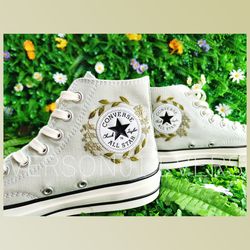 custom floral embroidered shoes, handmade embroidered converse, converse custom, converse wreath flower, custom flower c