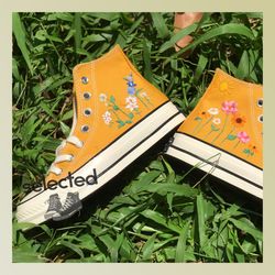 embroidered camellia flower converse, custom converse chuck taylor embroidered garden flower, embroidered converse custo