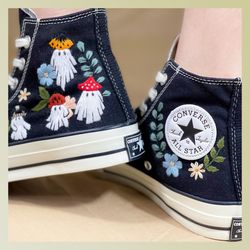 mushroom and ghost converse, halloween converse, custom floral embroidery shoes, converse floral, embroidered mushroom s